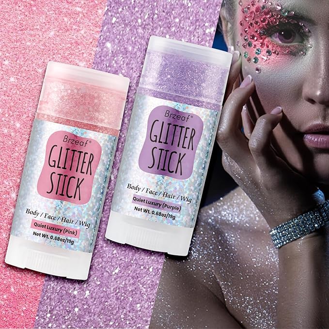 Brzeaf Pink Glitter Stick, Not Greasy & Long Lasting, Halloween Face Glitter Gel, Chunky Glitter for Face/Body/Hair/Eyes/Lip, Singer Concert Music Rave Festival, Glitter Stick Makeup for Women Men
