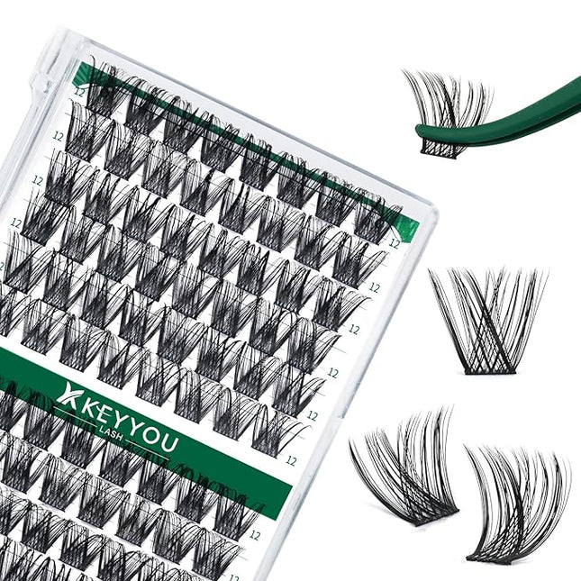 KEYYOU Lash Clusters,96 Pcs Cluster Lashes Y01 D Curl 12mm DIY Lash Extensions Eyelash Clusters,Volume Wispy Individual Lashes Soft&Comfortable Easy to DIY at Home(Y01,D-12mm)