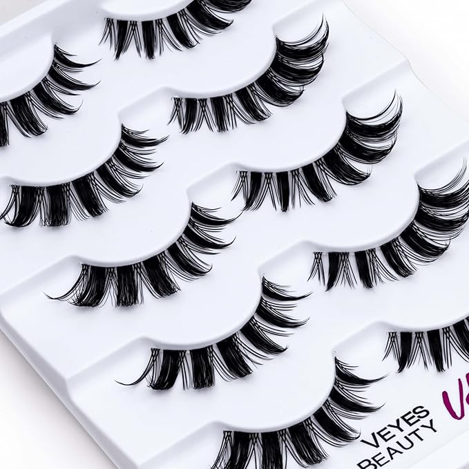 VEYESBEAUTY False Eyelashes Wispy Lashes Lightweight Natural Look Fluffy Faux Mink Thin & Invisible Band Manga Lashes, Comfortable and Reusable, 5 Pairs
