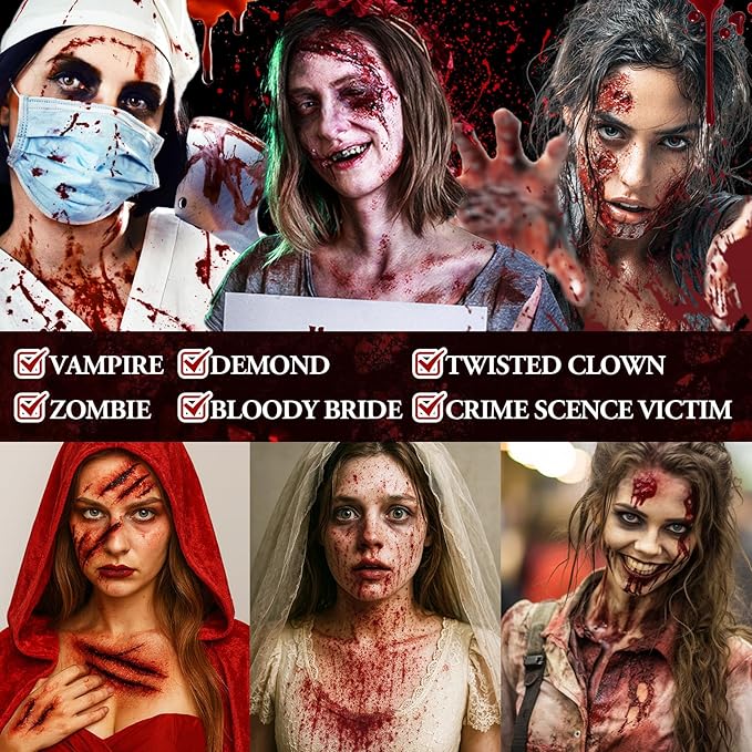 Halloween Makeup Kit - Dark Fake Blood Spray + 4 Sheet Temporary Scars Wounds Tattoos , Realistic Dark Blood Splatter Non-Toxic Washable for Zombie, Clown, Vampire Cosplay, Costume, Stage, SFX Make Up
