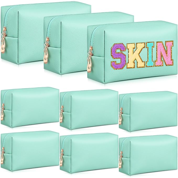 Sanwuta 9 Pcs Makeup Bags Bulk PU Double Zippers Cosmetic Bag Makeup Toiletry Pouch Portable Travel Organizers Case for Women Bachelorette Party End of The Year Bridesmaid Gift(Green)