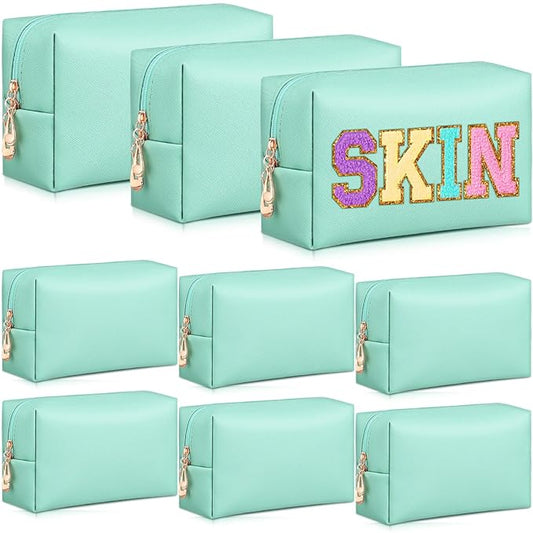 Sanwuta 9 Pcs Makeup Bags Bulk PU Double Zippers Cosmetic Bag Makeup Toiletry Pouch Portable Travel Organizers Case for Women Bachelorette Party End of The Year Bridesmaid Gift(Green)