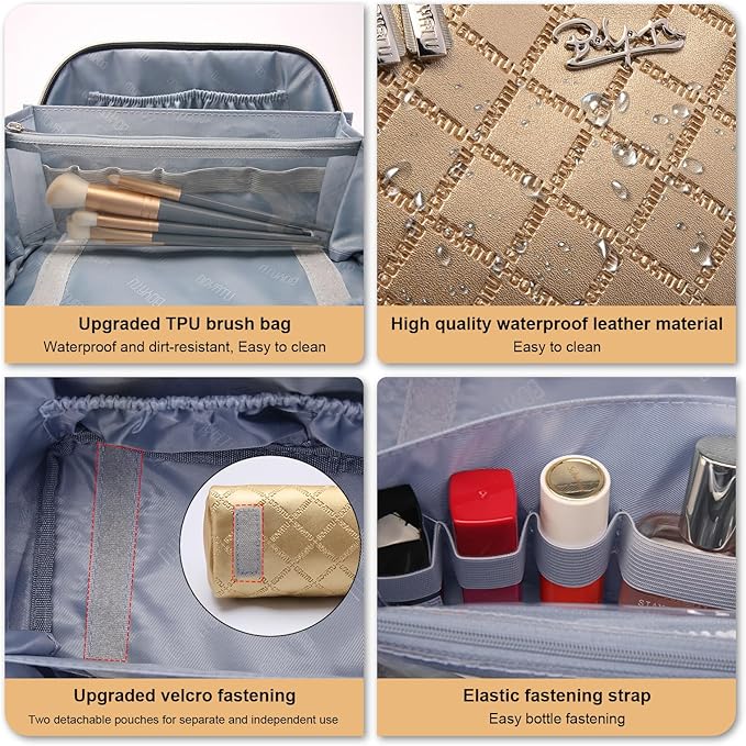 BOYATU Travel Makeup Bags Cosmetic Organizer Bag: 3-Set Large Capacity Make up Bag - PU Leather Toiletry Bags for Women - Wide Open Portable Pouch with Divider & Handle (07-Gold)