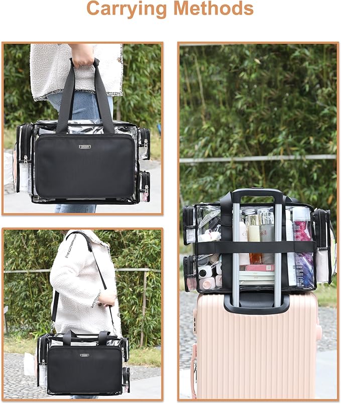 Relavel Extra Large Makeup Case and Clear Makeup Bag, Professional Cosmetic Storage Organizer Box Brush Holder with 4 Clear Set Bags & Lipstick Plate for Makeup Artists with Adjustable Dividers, Black