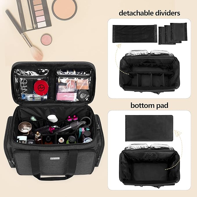 BAFASO Large Makeup Bag Cosmetic Bag with Removable Dividers, Travel Makeup Case Holds Cosmetics and Hair Supplies, Black