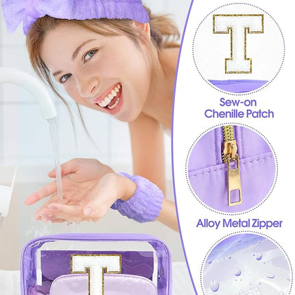 Gift Sets for Women, Initial Makeup Bag with Makeup Brush Set Bachelorette Party Favors, Purple Spa Kit with Skincare Headbands Wrist Bands Sleepover Party Supplies Gifts for Teen Girls Bridesmaid T