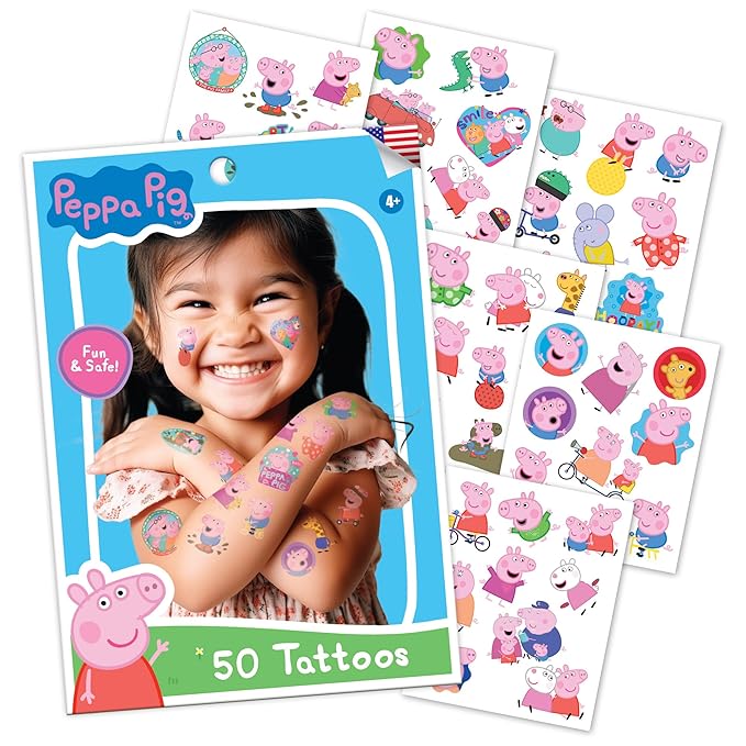 Savvi - 50 Peppa Pig Temporary Tattoos: Skin-Safe Ink, Great for Birthday Parties, Gifts for Boys and Girls Ages 4-12+, Made in the USA [6 sheets, 50 count]