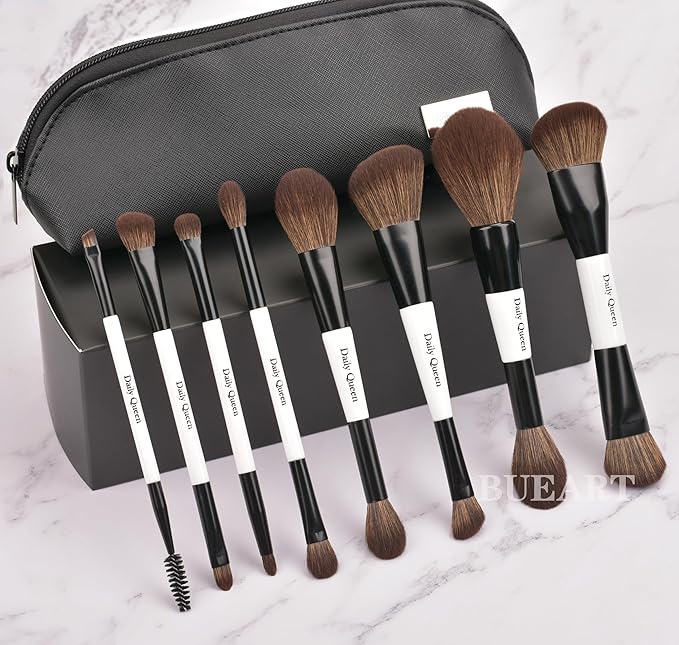 Portable Makeup Brush Set 8pcs Dual Kabuki Powder Concealers Eye shadows Blush Eyeliner Eyebrow Contour Eye blending Brushes (8 IN 16 brush set with waterproof bag)