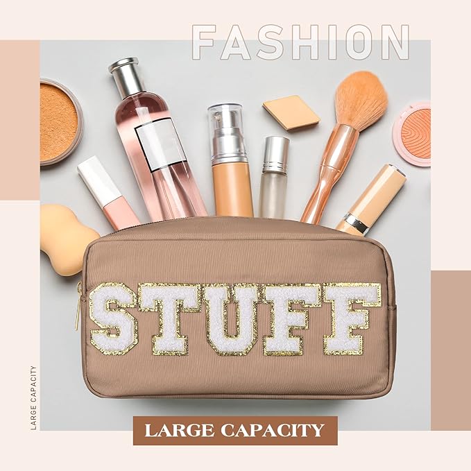 Cunno 4 Pcs Preppy Makeup Bags Chenille Letter Stuff Bag Nylon Cosmetic Pouch Cases with Zipper for Women Travel Toiletry