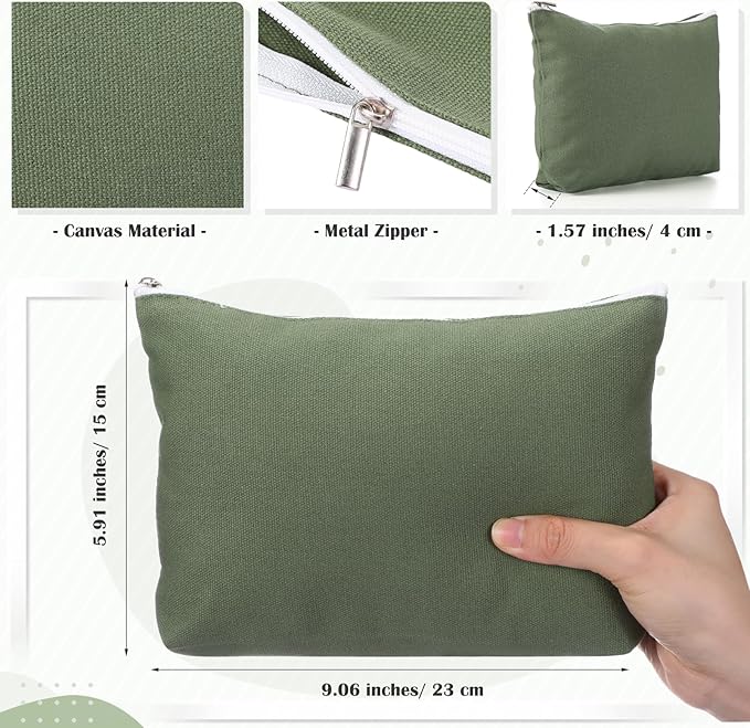 Reginary 10 Pcs Canvas Makeup Bags Bulk for Women Blank DIY Pencil Pouch Travel Toiletry Cosmetics Bags Gift for Christmas Breast Cancer Awareness Thanksgiving Wedding Nurses Teacher(Green)