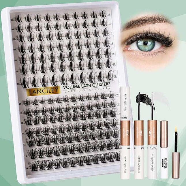 Lash Clusters Kit Natural Eyelashes 154pcs Individual Lashes 10-18mm Cluster Eyelash Extensions Wide Band Eyelash Clusters Volume False Eyelashes Lash Extension Kit With Bond & Seal & Remover-M32+M35