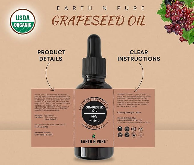 Earth N Pure Grapeseed Oil Cold Pressed, Natural and Therapeutic Grade 30 ml