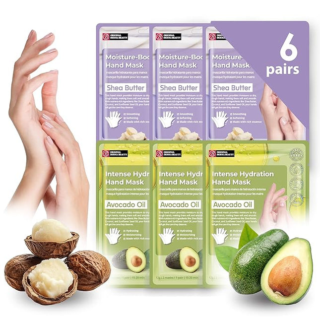 Innerest Original Derma Beauty Hand Mask 6 Pairs Moisture-Shea Butter + Avocado Hand Moisturizing Hand Care (Assort #2) Nail Care Essential, Soothing Gloves, Repair Gloves, Intense Hydration