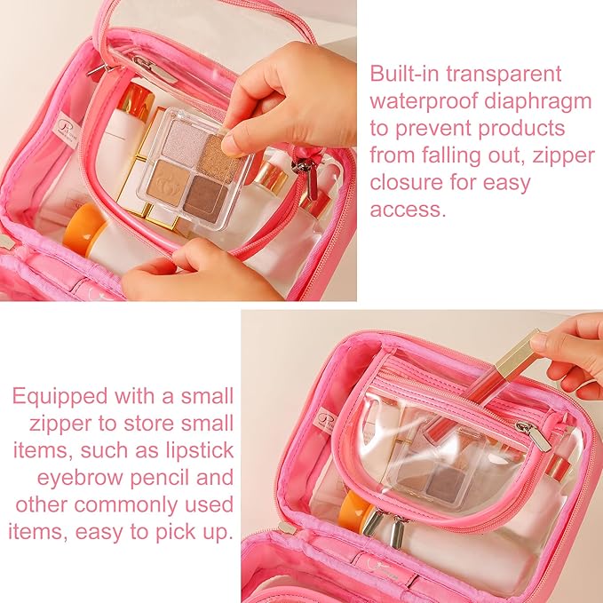Veki Transparent Makeup Bag Travel Cosmetic Bags Case Waterproof Toiletries Bag Large Capacity Open Storage Bags Organizer With Zipper, Portable Make Up Organizer for Women and Girls