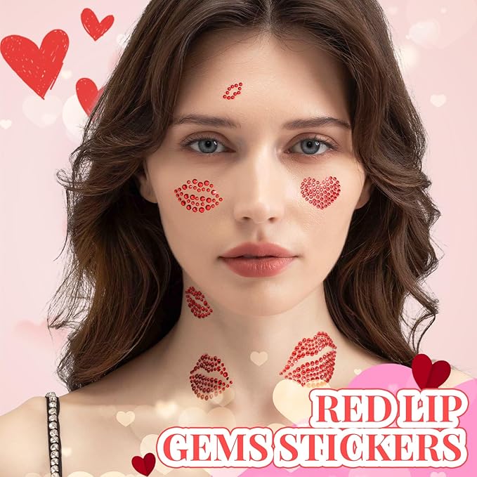 YGDZ Face Gems Self-Adhesive Face Jewels Stickers, Red Lip Hair Gems, Festival Kiss Jewels, Face Rhinestone Stickers for Makeup, Eye, Hair, Body, Rave Accessories, Stick on Gems for Kids, Women