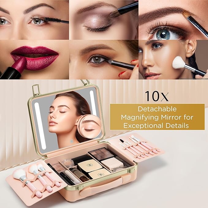 Travel Makeup Case with LED Mirror - Durable Makeup Case with Lighted Mirror with 3 Adjustable Light Settings - Rechargeable Makeup bag with light up Mirror - Mini 10x mirror included
