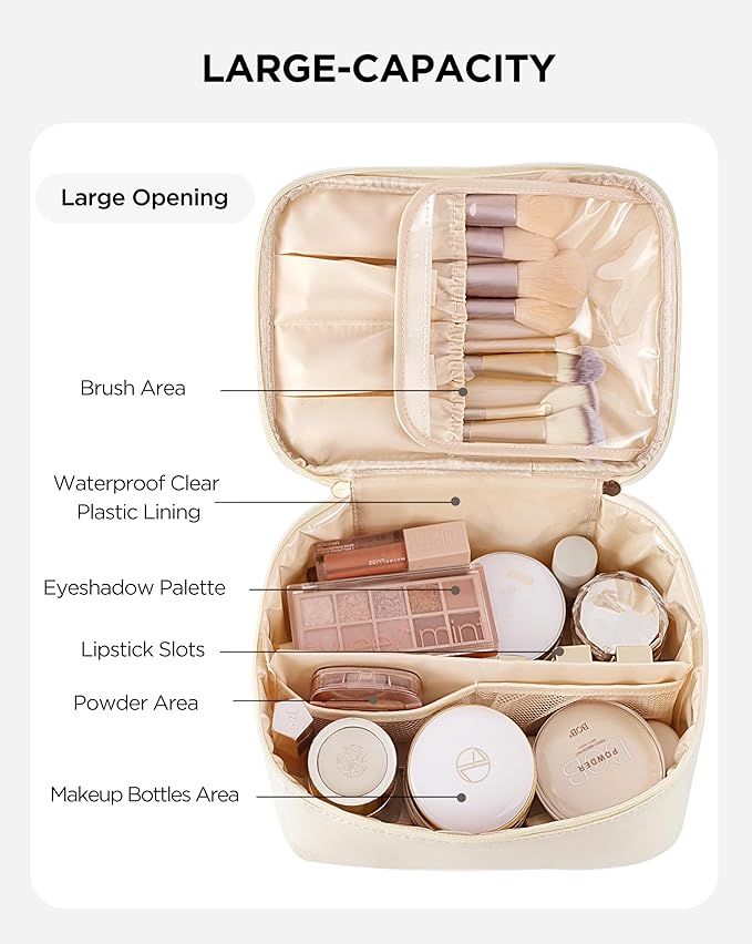 Makeup Bag for Women, Large Travel Makeup Bag Organizer, Portable Toiletry Bag, Cute Makeup Bags Waterproof Leather Cosmetic Bag Makeup Case with Removable Dividers, Beige