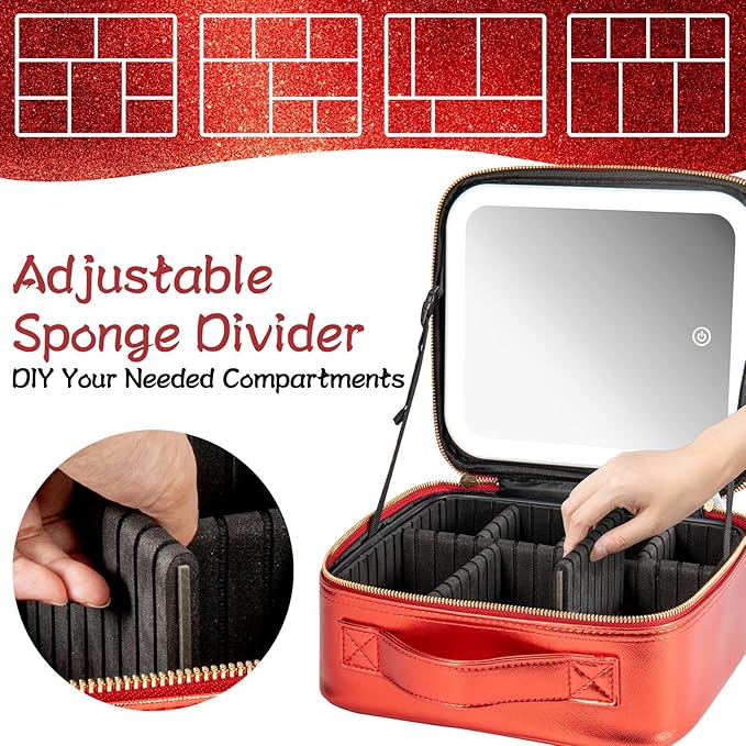 Makeup Travel Train Case with Mirror LED Light 3 Adjustable Brightness Large Cosmetic Bag Portable Storage Adjustable Partition Waterproof Brushes Make up Jewelry Gift for Women