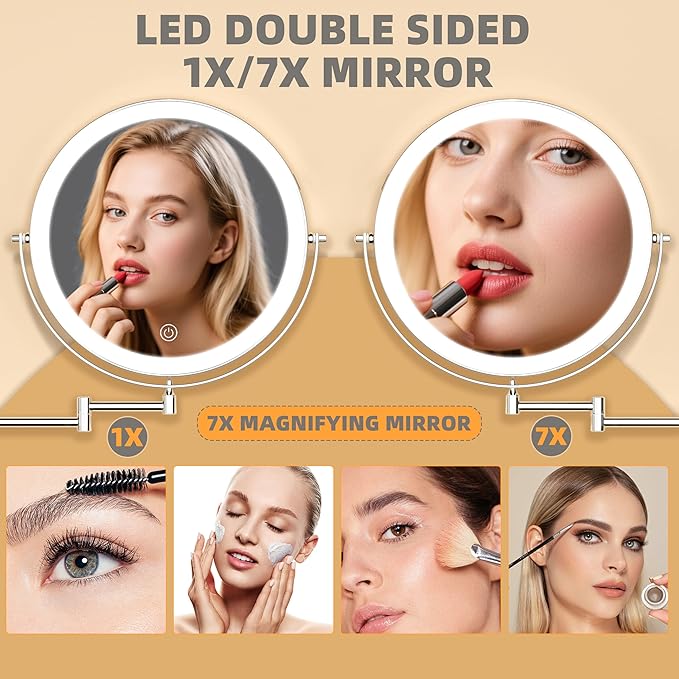 10" Wall Mounted Makeup Mirror with Light, 3000mAh Rechargeable Double Sided 1X / 7X Magnifying Vanity Mirror, 3 Color Lights Touch Dimmable 360° Rotation Bathroom Mirror, Chrome