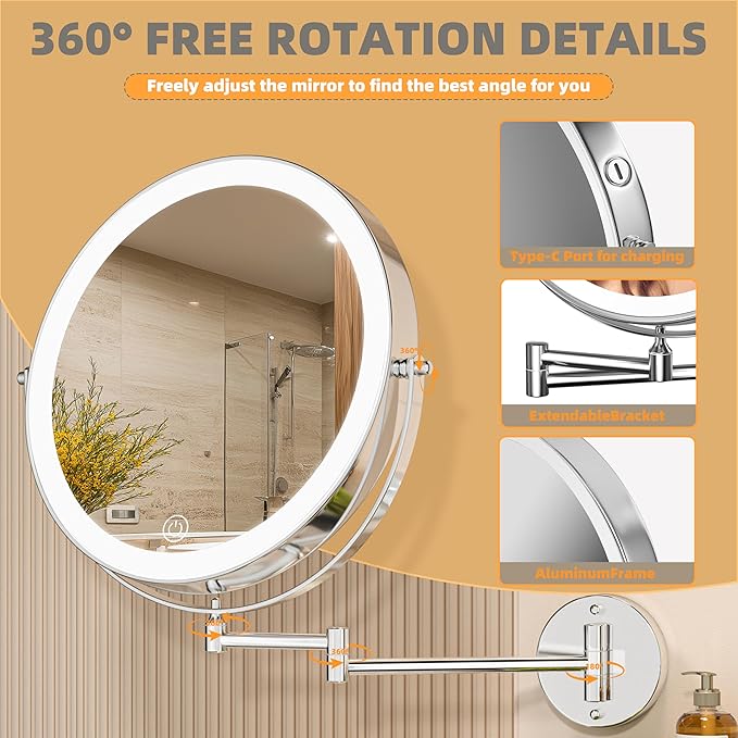 8.5" Wall Mounted Makeup Mirror with Light, 2000mAh Rechargeable Double Sided 1X / 10X Magnifying Vanity Mirror, 3 Color Lights Touch Dimmable 360° Rotation Bathroom Mirror, Chrome