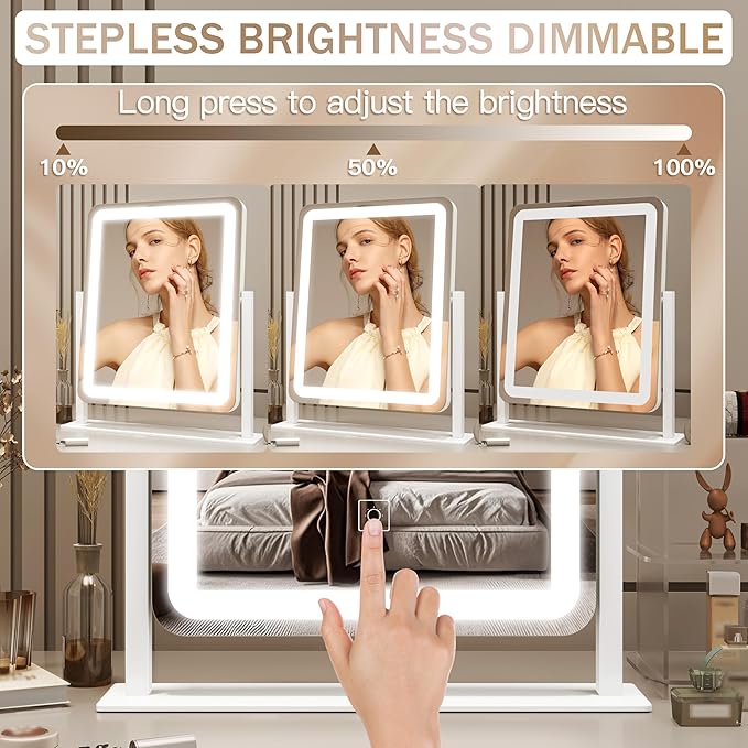 Lighted Makeup Mirror, Vanity Mirror with Lights for Desk Tabletop, Smart Touch with 3-Color Lighting,Dimmable, 360° Rotation, White, 13"x15"