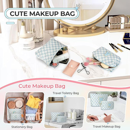 2PCS Checkered Makeup Bag for Women Personalized Initial Letter Makeup Bag Travel Toiletry Bag Organizer Cute Makeup Brushes Storage Bag Mother's Day Birthday Gift for Women (Blue D)