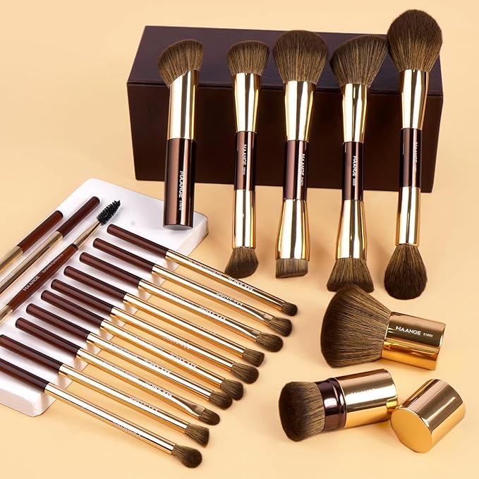 MAANGE 20 Pcs Makeup Brushes with Gift Box, Double-End Multi-functional Makeup Brushes for Blending Liquid Powder Concealer Cream Blush Buffe,Coffee Gold