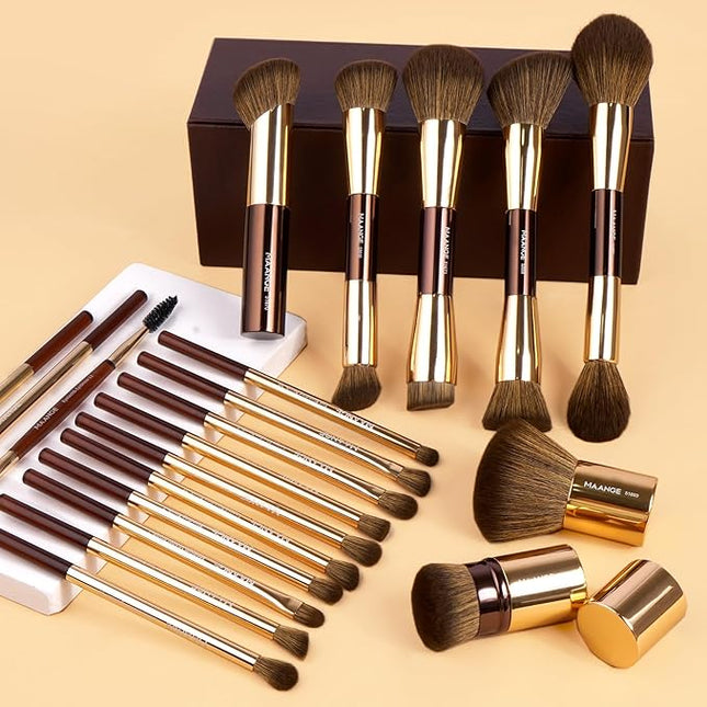 MAANGE 20 Pcs Makeup Brushes with Gift Box, Double-End Multi-functional Makeup Brushes for Blending Liquid Powder Concealer Cream Blush Buffe,Coffee Gold
