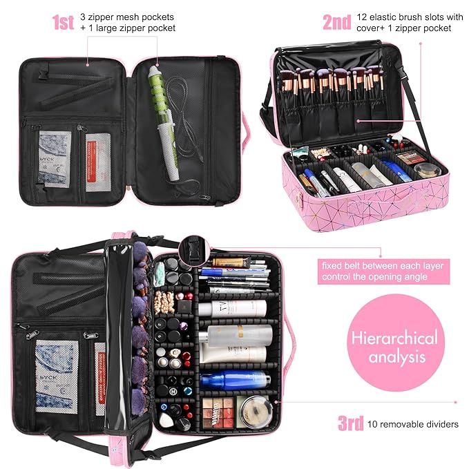 Professional Makeup Case Bag|3 Layers Large Capacity Cosmetic Organizer Brush Bag,Barber Train Case Makeup Artist Box,PU Leather Stylish Geometric Reflection Patterns Pink