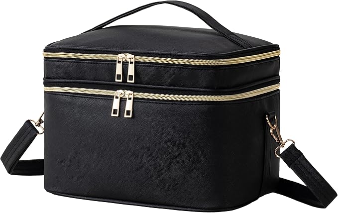 Makeup Bag for Women XL-Large Travel Makeup Bag Organizer Portable Toiletry Bag Cute Makeup Bags Waterproof Leather Cosmetic Bag Makeup Case with Removable Dividers, Black