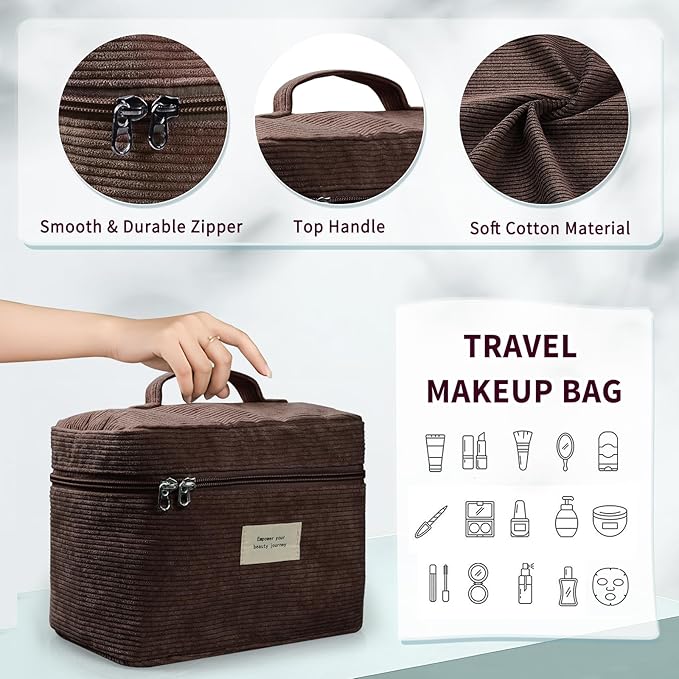 4 Pcs Makeup Bag for Women Corduroy Cosmetic Bag Aesthetic Cute Bags Multi Size Purse Pouch Travel Toiletry Bag Set Makeup Organizer with Zipper(Brown)