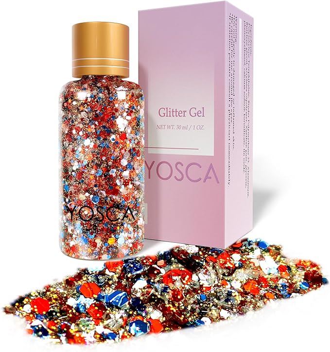 Yosca Independence Day Body Glitter Gel, 30ML Red White Blue Chunky Hair Face Glitter, Patriotic Glitter for 4th of July Independence Day Flag Party Halloween Clown Glitters Rave Accessories