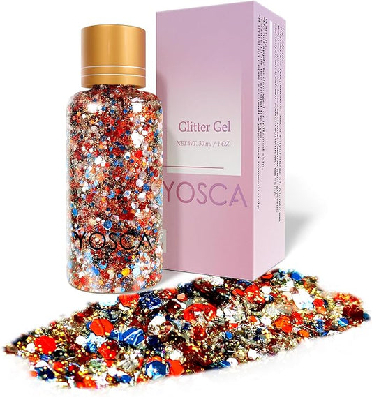 Yosca Independence Day Body Glitter Gel, 30ML Red White Blue Chunky Hair Face Glitter, Patriotic Glitter for 4th of July Independence Day Flag Party Halloween Clown Glitters Rave Accessories