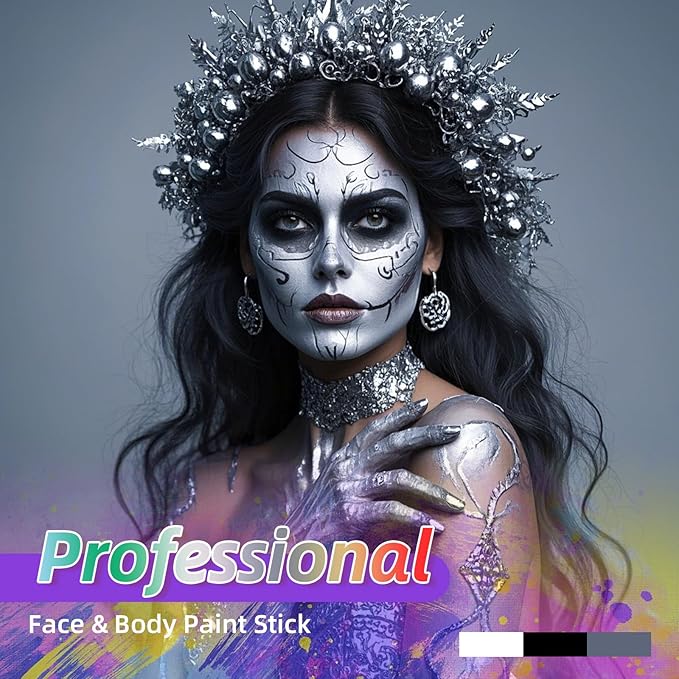 3Pcs Face Body Paint, Professional Paint for Halloween Cosplay Costume Party, Full-coverage Multi-Color Cream Makeup Body Paint for Adult Halloween Cosplay SFX Makeup Paint (White+Black+Silver)