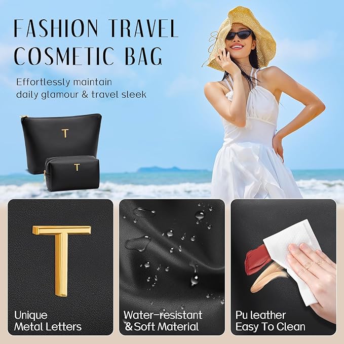 Women Gifts | Initial Makeup Bag Set for Girl Personalized Gifts for Bridesmaid Friend Graduation Teachers PU Leather Cosmetic Travel Toiletry Bag(Black,T)