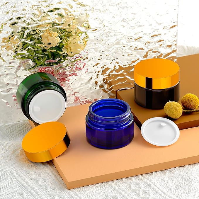 1 Oz Amber Round Glass Jars with Inner Liners and Gold Lids(12PCS) Empty Cream Containers Refillable Cosmetic Vials for Cosmetics, Lotions, Ointment, Body Scrubs & Balms