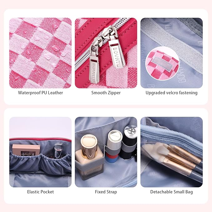 BOYATU Travel Makeup Bag for Women: Large Cosmetic Bag Set of 3 - PU Leather Make up Bag with Compartments - Compact Waterproof Toiletry Bag with Divider & Handle (C-04Red)