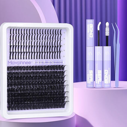 Lash Clusters Kit 100D Eyelash Clusters 12-21MM Long Spiky Cluster Eyelash Extensions Kit Mega Volume Individual Lash Extensions DIY Lash Spikes with Lash Bond and Seal and Tweezers by Mavphnee