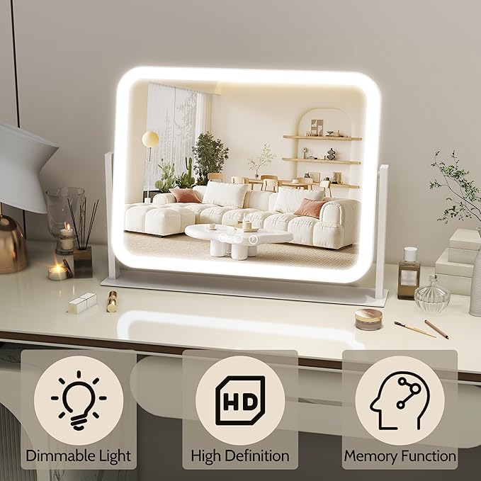 Lighted Makeup Mirror, 17"x13" Vanity Mirror with Lights and 10X Magnification, 3 Color Lighting Modes, Smart Touch Control, 360° Rotation for Bedroom or Tabletop (White)