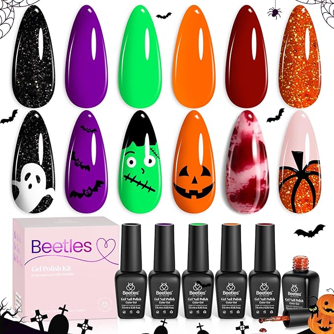 Beetles Halloween Gel Nail Polish Set - Hocus Pocus 6 Colors Gel Polish Kit, Orange Green Purple Black Red Glitter Fall Colors, Soak Off Nail Lamp UV LED Cured Nail Art Design Manicure Gift for Women