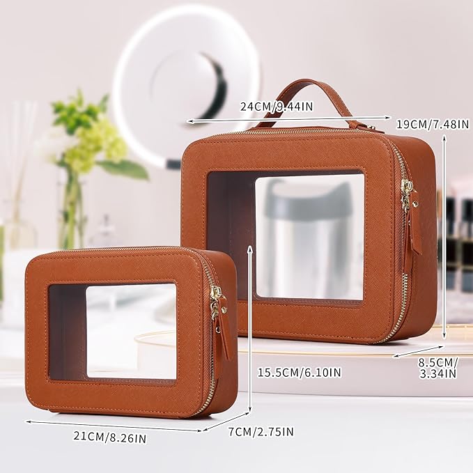Pinkmik Clear Makeup Bag for Women Waterproof Travel Cosmetics and Toiletries Case Portable Makeup Oaganizer Bag Clear Car Bag with Zipper (X/Brown, M+L)