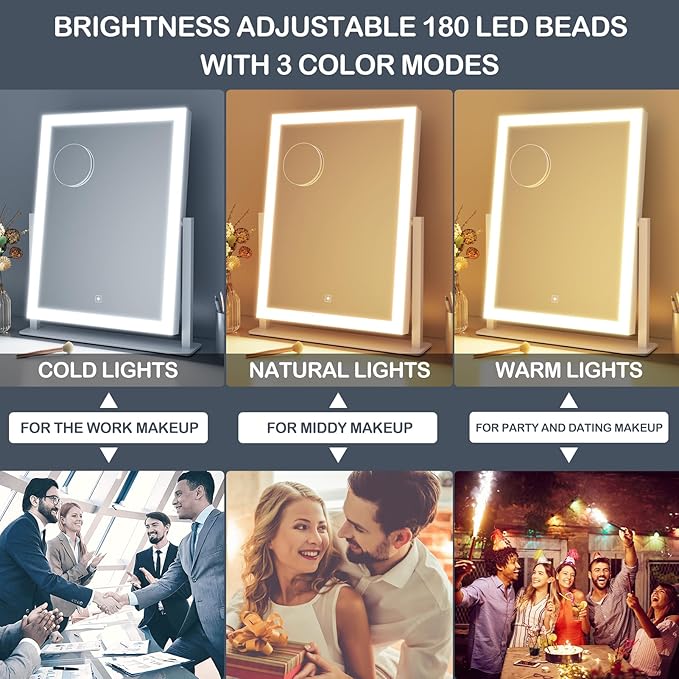 Lighted Makeup Mirror, 17.2"x13.6" Hollywood Vanity Mirror with Lights, Three Color Modes, Smart Touch Control, 360°Rotation,with 5X Magnifying Glass