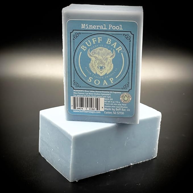 Bison Tallow Buff Soap Bar, Mineral Pool, (2 pack) - Scents of Himalayan Sea Salt, Moss, & Freesia - Cleans, Moisturizes, Soothes, Hydrates - No Chemicals or Preservatives