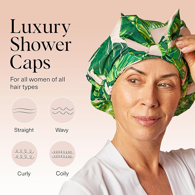 Kitsch Luxury Shower Caps for Women Reusable Waterproof - Large Shower Cap for Women and Men, Non-slip, Quick-dry Hair Cap for Long & Short Hair, Comfortable and Stylish Design - Palm Leaves