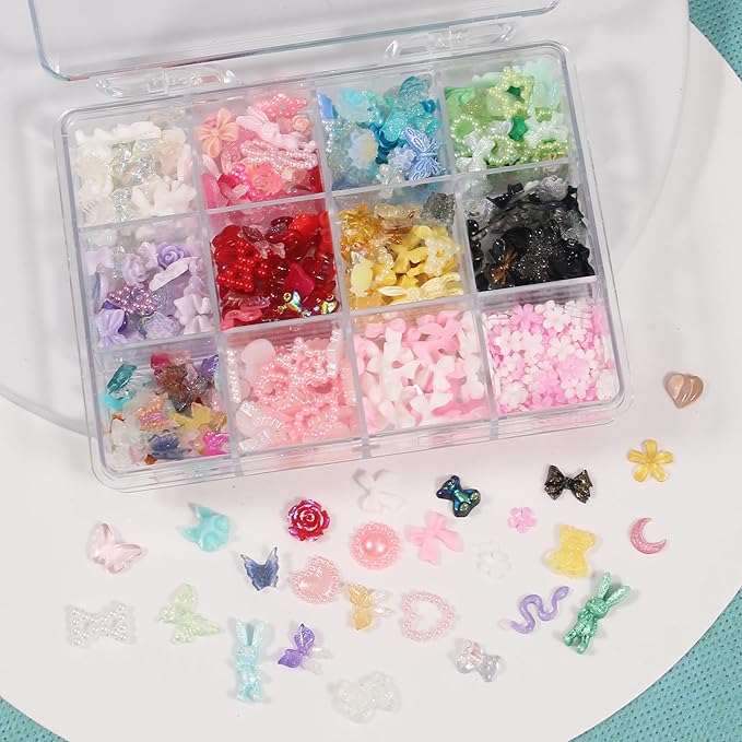 Artdone Nail Art Studs Kit, 2 boxes Multicolor 3D Charms Flower Butterfly Snake Rabbit Diamond Cute Nail Jewels for DIY Decoration with Pickup Tools