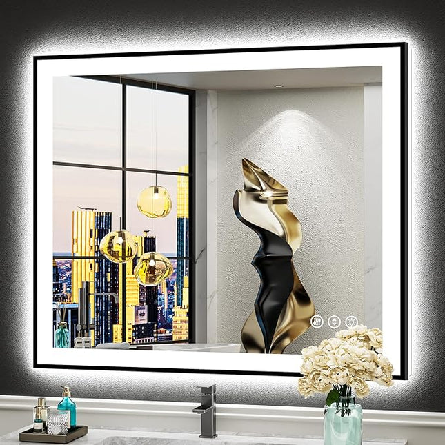 30"x36" Black Framed LED Bathroom Mirror with Lights, Backlit & Front Lit, Anti-Fog Lighted Vanity Mirrors for Bathroom Wall, Dimmable, 3 Colors, Memory, Shatter-Proof, Tempered Glass, CRI＞90