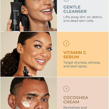 Buttah Skin Transforming Kit for Melanin Rich Skin | CocoShea Revitalizing Cream 2 oz | Vitamin C Serum 1 oz | Buttah Cleanser 3.4 oz | Black Owned Skincare