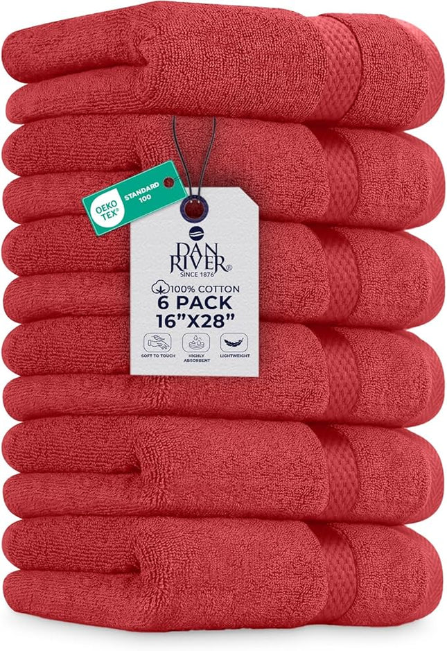 DAN RIVER 6-Pack Premium Hand Towels (16x28 Inches) - 100% Cotton, Ultra Soft, Lightweight, Highly Absorbent Towels for Bathroom, Spa, Gym, Salon, Hotel, and Travel - Red