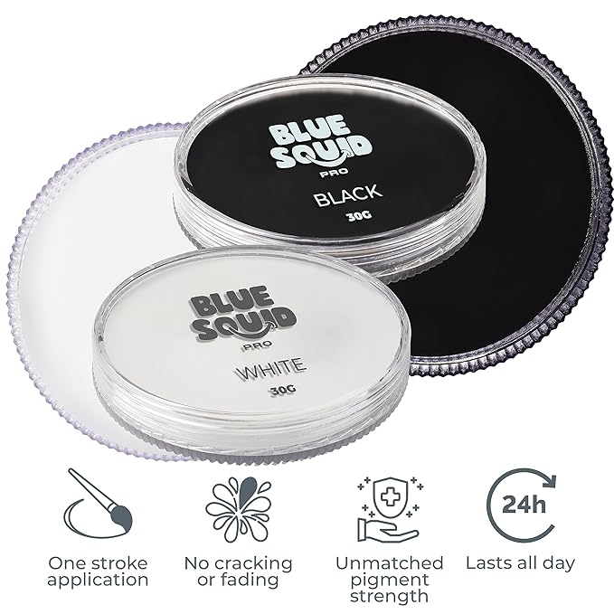 Blue Squid PRO Face Paint - Professional Water Based Single Cake Facepaint & Body Paints - SFX Makeup, Kids Adults Face Painting for Costume, Halloween, Cosplay - Classic Black & White 30g / 1oz