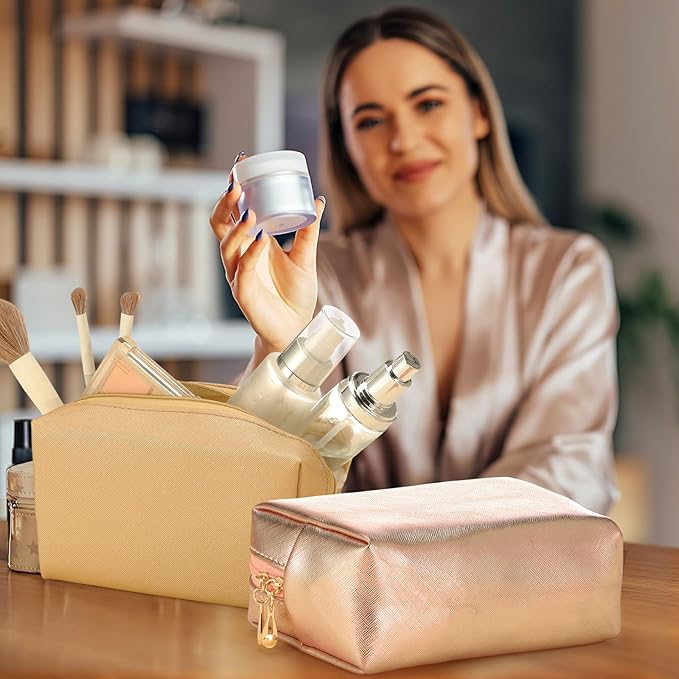 Sanwuta 9 Pcs Makeup Bags Bulk PU Double Zippers Cosmetic Bag Makeup Toiletry Pouch Portable Travel Organizers Case for Women Bachelorette Party End of The Year Bridesmaid Gift(Pearl Color)